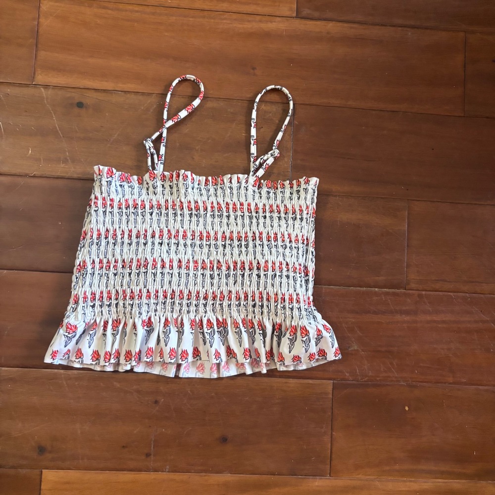 Smocked Floral Swim Tankini Top Ruffle Hem Adjustable Straps Swimwear/ Size Lg